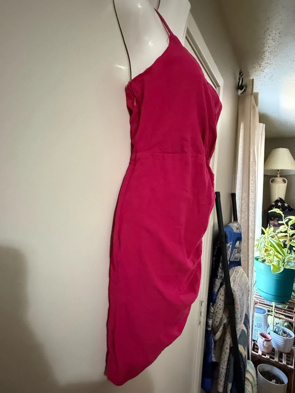 Zara Fuchsia Pink Ruched Wrap Mini Dress Linen Blend Strappy V Neck NWT Medium - Picture 6 of 16